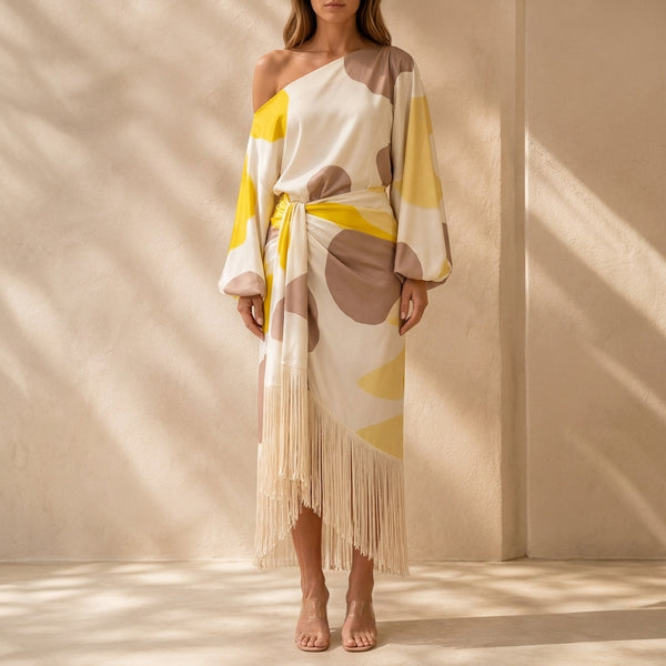 Marianne Abstract Print Fringe Hem Midi Dress
