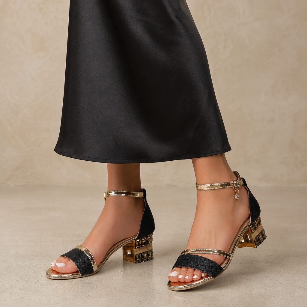 Inez Shimmer Block Heel Sandals
